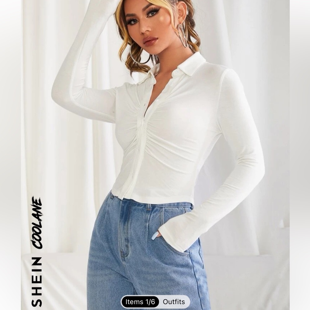 Ruched slim fit button front blouse.